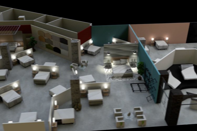Still image from a 3D animation. Flyover view of a mattress store layout, including at least seven rooms that contain mattress displays. The mattress displays feature generic mattresses, frames, and furniture in room scenes.