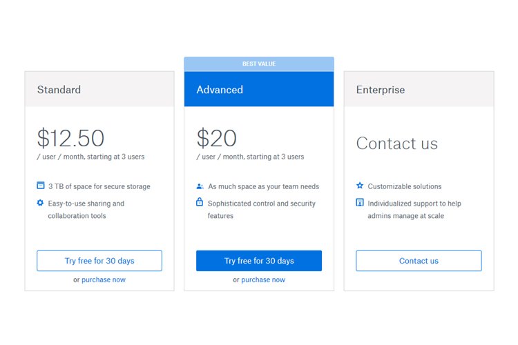 An example of Dropbox using the Von Restorff effect to highlight the item they want users to prioritize.